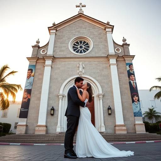 Foto de um casal rec√©m-casado se beijando em frente a uma igreja hist√≥rica no Rio.