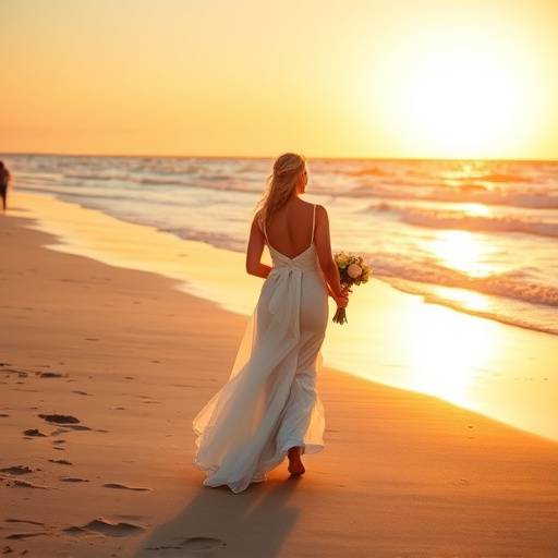 Fotografia de casamento na praia, com noivos caminhando ao pôr do sol.