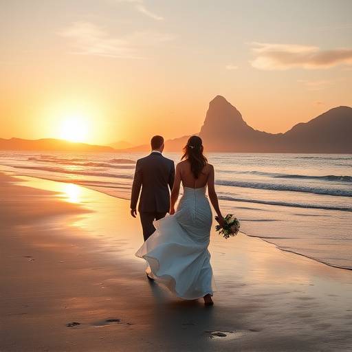 Fotografia de casamento na praia com os noivos caminhando ao p√¥r do sol no Rio de Janeiro.