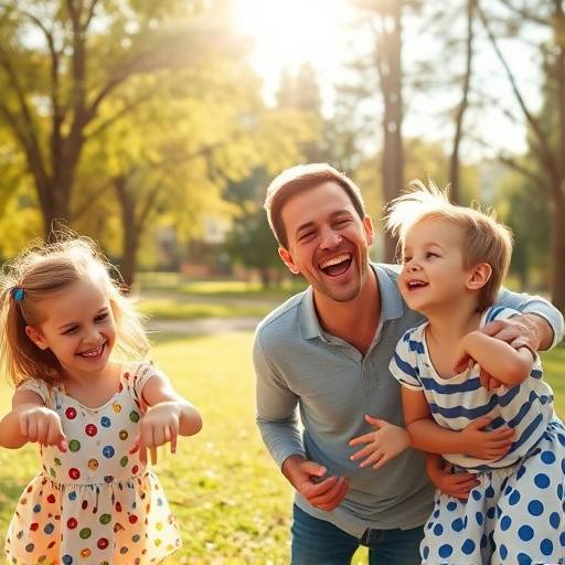 Fotografia de fam√≠lia com pais e filhos em um parque, rindo e brincando.