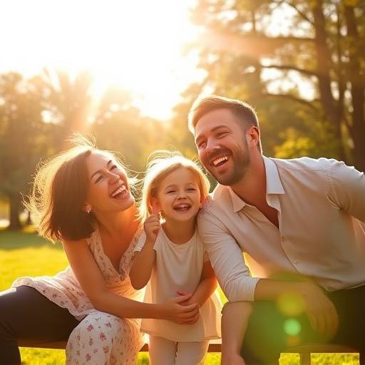 Fotografia de família com pais e filhos em um parque, rindo e brincando.