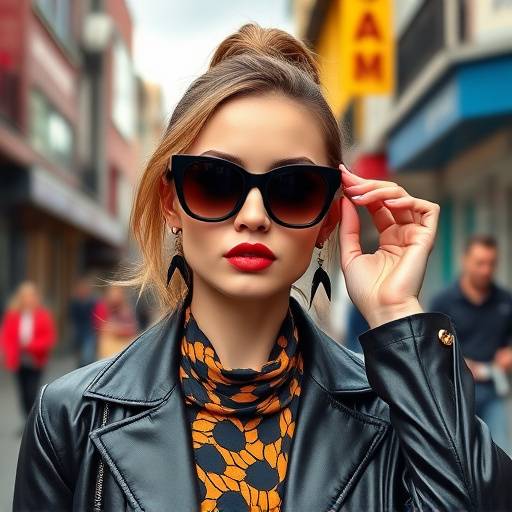 Fotografia de moda com modelo posando com √≥culos de sol em um cen√°rio de rua vibrante.