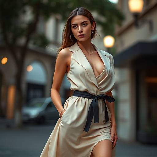 Fotografia de moda com uma modelo em um vestido elegante, em um cen√°rio urbano.