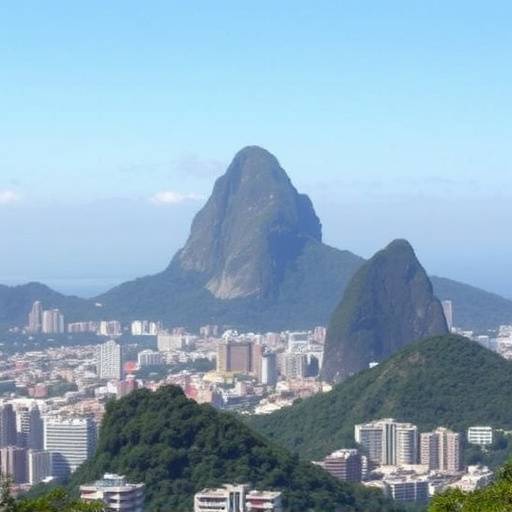 Fotografia de paisagem do Rio de Janeiro, com o Pão de Aäücar ao fundo.