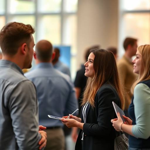 Fotografia de um evento corporativo com participantes interagindo em um ambiente profissional.