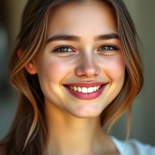 Retrato de uma jovem mulher sorrindo, com luz natural suave.