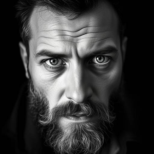 Retrato em preto e branco de um homem barbudo com olhar expressivo.